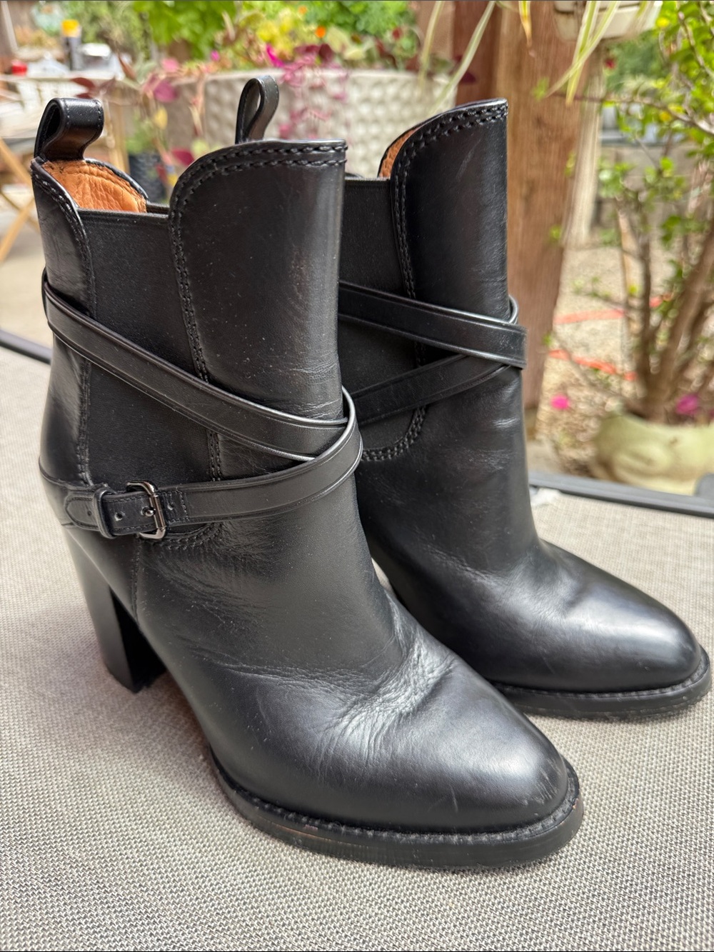 Women's Black Leather Ankle Boots with Wrap Strap